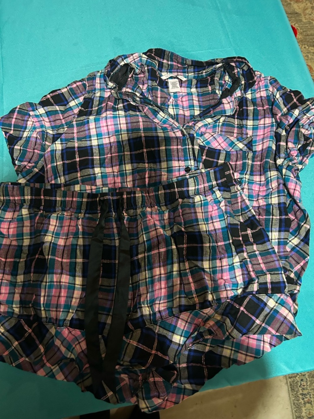 Victoria's Secret Pink and Black Plaid Button-Down Two-Piece Set pj’s